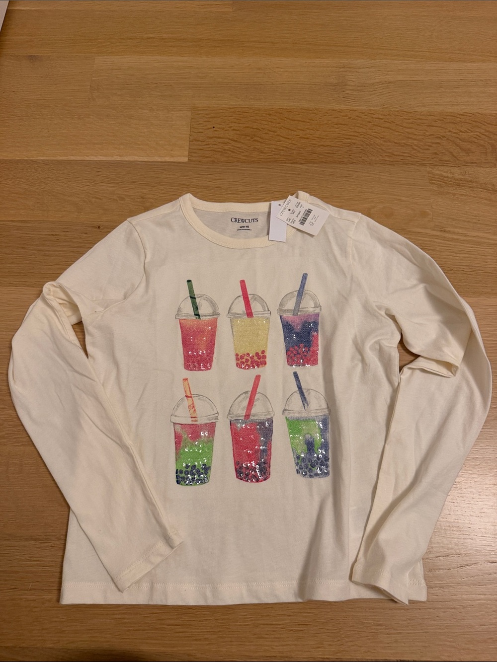 Crewcuts Cream Long-Sleeve Tee with Colorful Bubble Tea Sequin Graphics